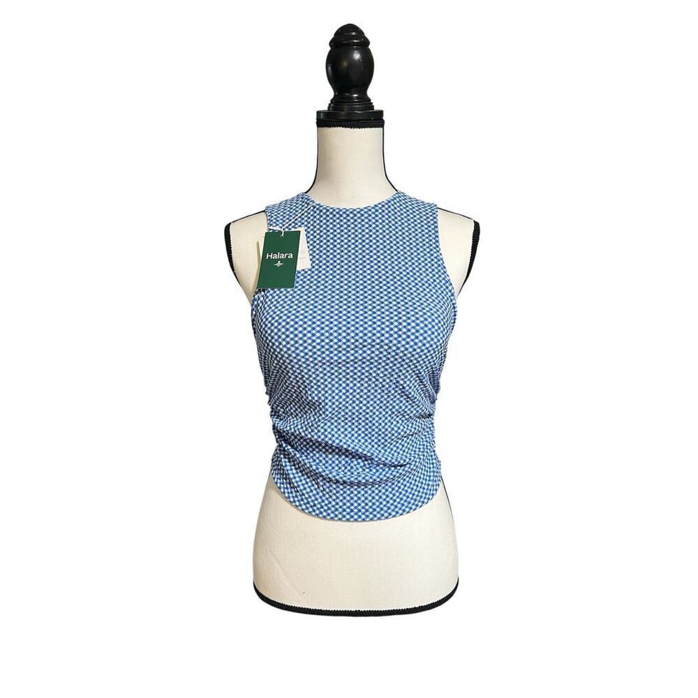 Halara Softlyzero Airy Blue Gingham Sleeveless Tank Top Built In Bra Size M NWT